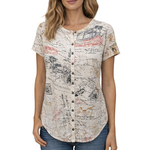 CJ Banks Map Theme Short Sleeve Button Up Ivory
